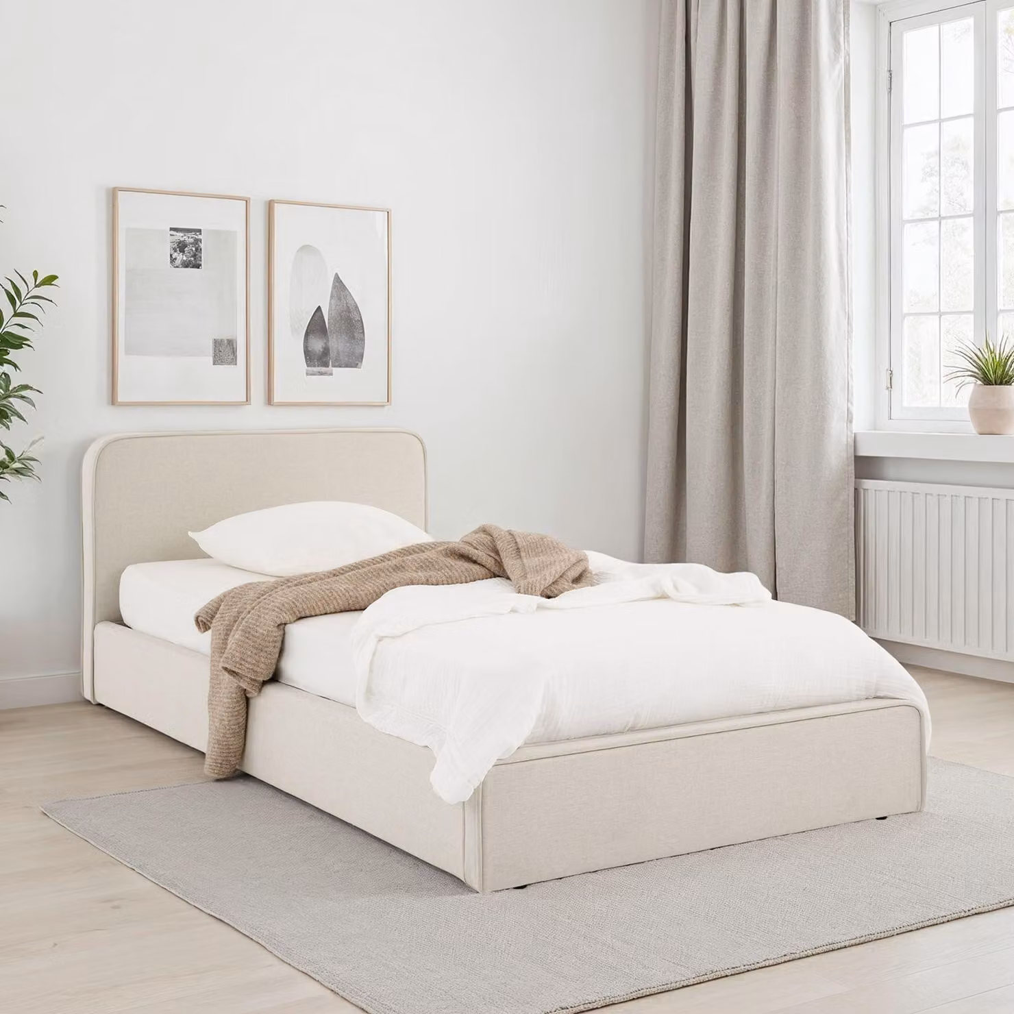 Letto singolo imbottito MARINI 90x200 cm in bianco panna - letto imbottito con rete a doghe, design moderno e robusta struttura in legno con piedini in plastica