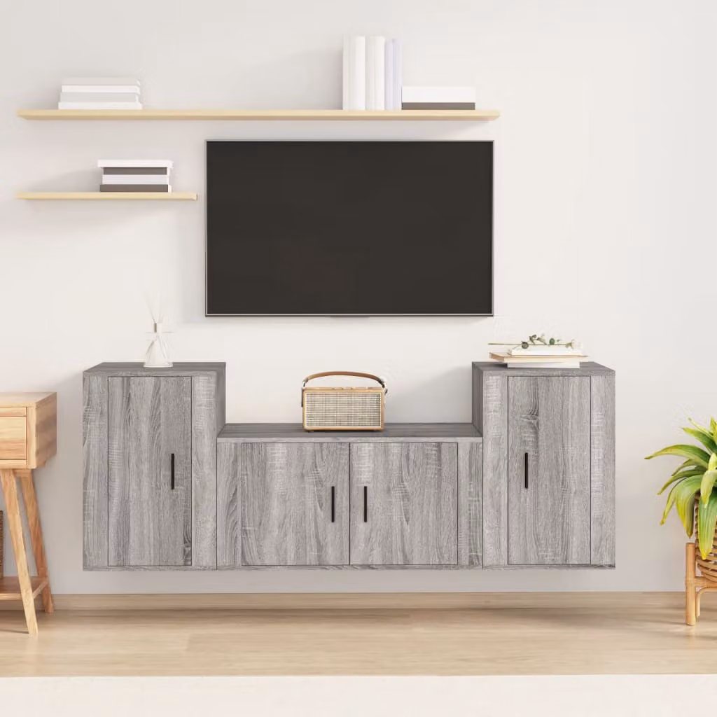 Set di mobili porta TV da 3 pezzi vidaXL in legno multistrato grigio, design classico a parete per il tuo soggiorno