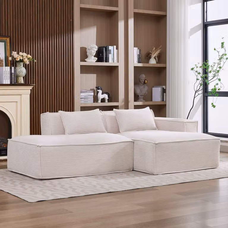 Divano componibile LVHOM in tessuto corduroy, 233 cm, divano lounge a terra a 2 posti con chaise longue, divano di facile manutenzione per il soggiorno, da montare, beige