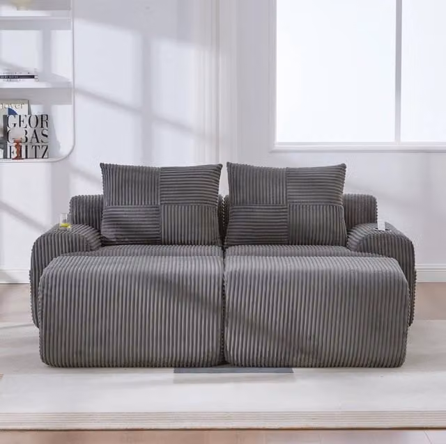 Divano modulare 2 posti in corduroy con portabicchieri e tasca laterale; grigio scuro 200x174x80 cm