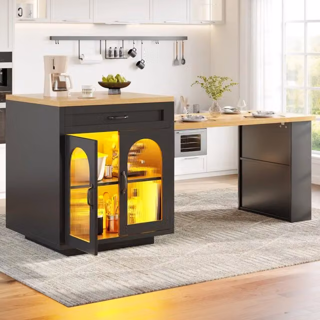 Isola da cucina con piano estensibile e illuminazione RGB in MDF nero