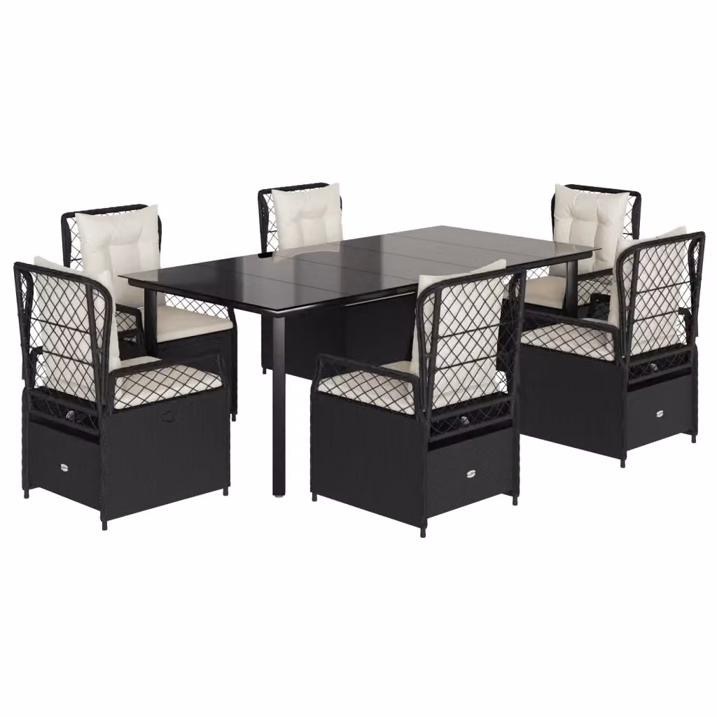vidaXL Set da Pranzo da Giardino 7 pz in Polyrattan Nero con Cuscini e Tavolo in Vetro – 2