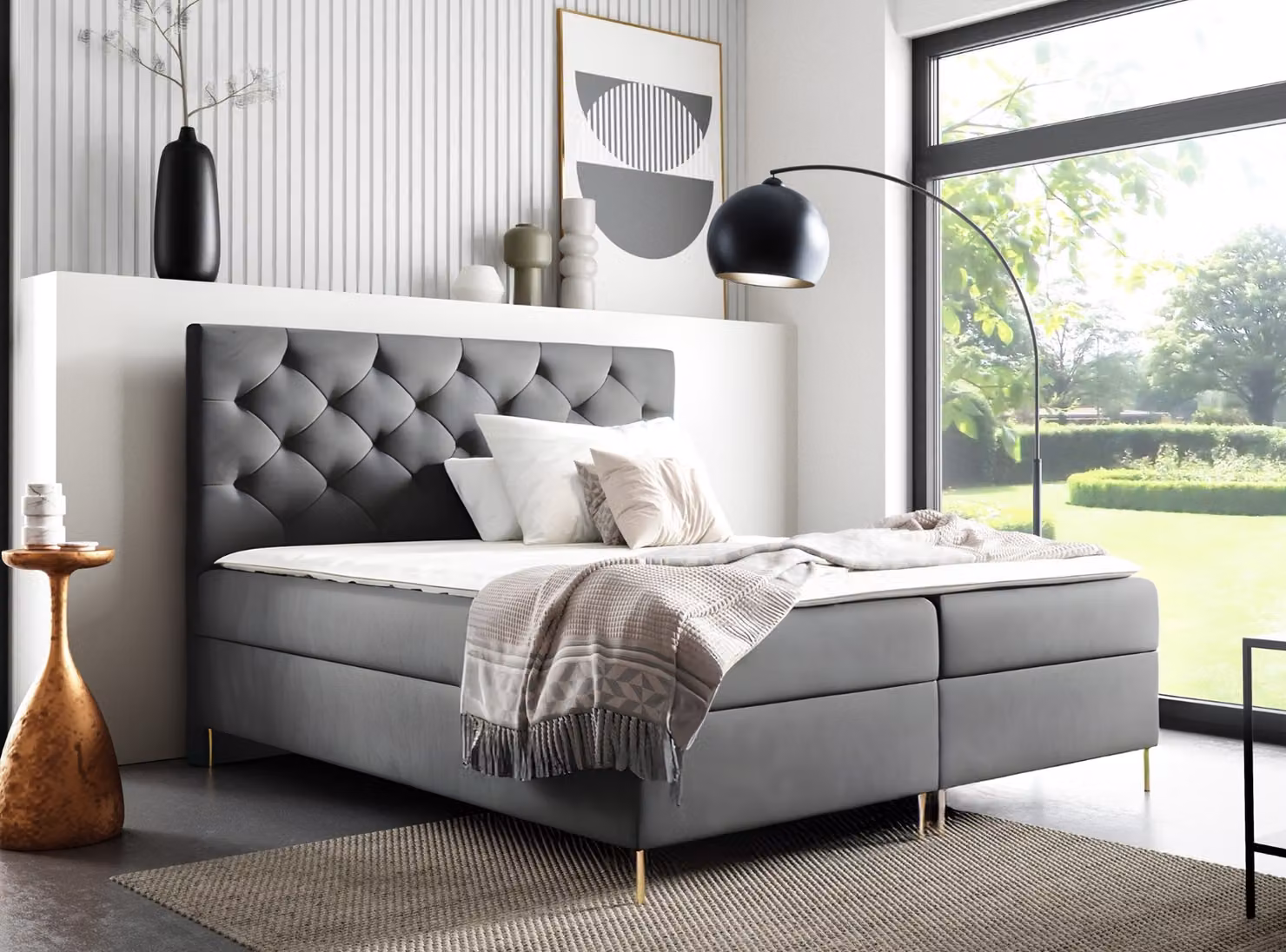 GUTTO Letto con materasso a molle LIDIA 120 x 200cm 2x Contenitore TOPPER 5cm Libero Grigio Velour Alto Gambe Dorate