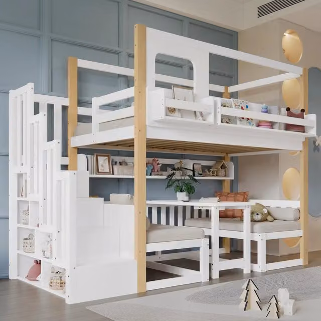 Letto a castello per bambini 90 × 200 cm 2 posti con tavolo pieghevole e scala contenitore, senza materasso, bianco