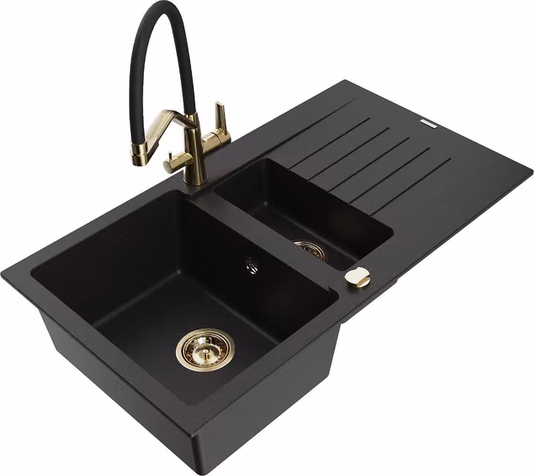 Mexen Matias lavello in granito 1,5 vasche con scolapiatti e rubinetto cucina Duo, nero - 6502-77-671701-57-G