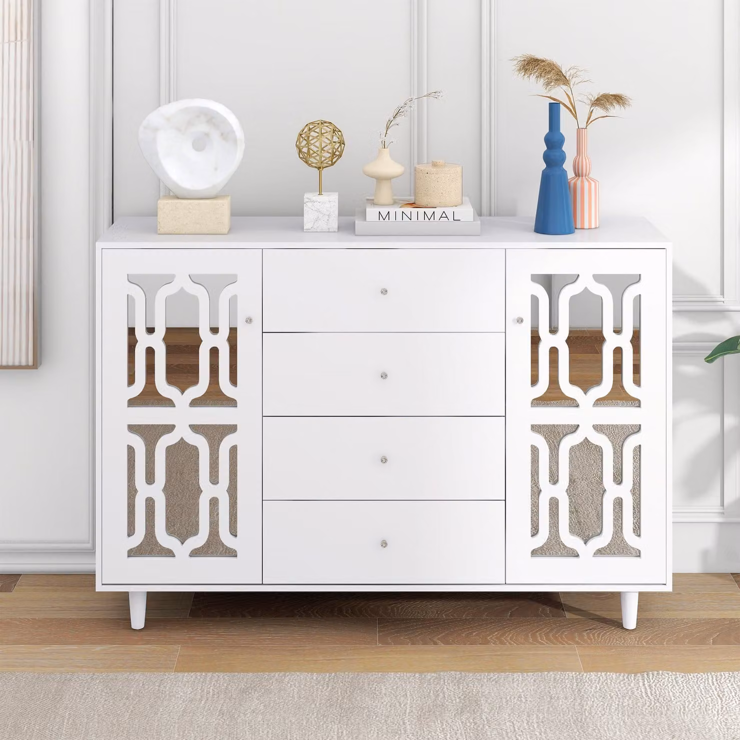 Fortuna Lai credenza con ante in vetro a specchio e 4 cassetti, credenza cucina stile country, 148x102x40cm, bianco