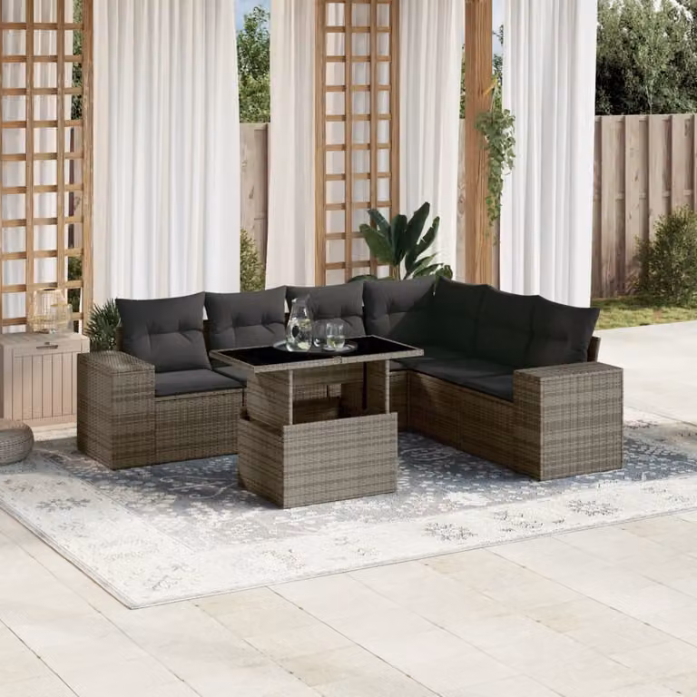 vidaXL Set Divani da Giardino 7 pz a Forma a L in Polyrattan Grigio con Cuscini e Tavolino