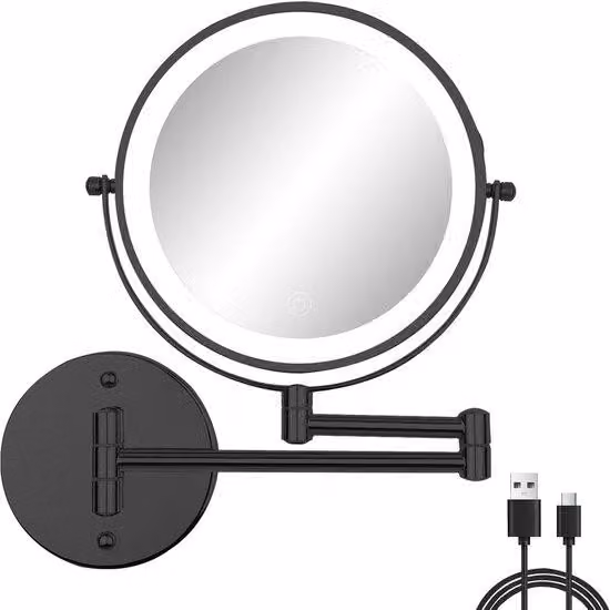 Specchio da parete illuminato, con luci a LED, ingrandimento 1x/10x, specchio a due lati per ospiti, illuminazione a 3 colori, rotazione a 360°