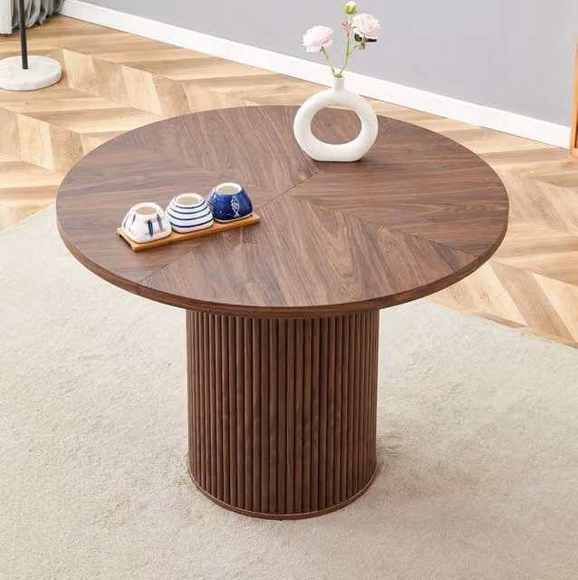 Tavolo da pranzo rotondo in MDF 100 cm con piano a 4 segmenti effetto noce e gambe cilindriche con supporto in metallo