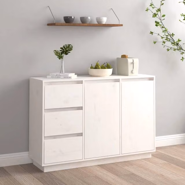 Credenza-Buffet-Armadio da cucina Bianca 111x34x75 cm in Legno Massello di Pino