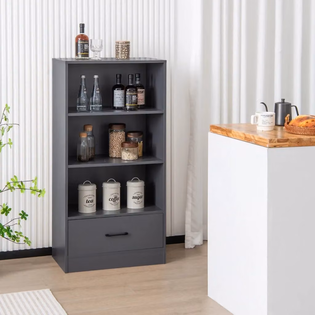 Libreria da terra in legno con cassetto e 4 livelli, Scaffale espositivo in MDF laccato Grigio, L 60 cm x P 38 cm x H 120 cm – 2