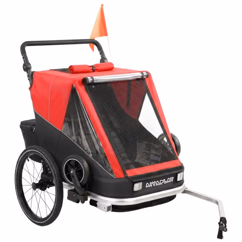 Rimorchio bici multi convertibile WISHDOR per 2 bambini, modello pieghevole in alluminio e metallo con ruote piroettanti e dettagli riflettenti, colore rosso – 2