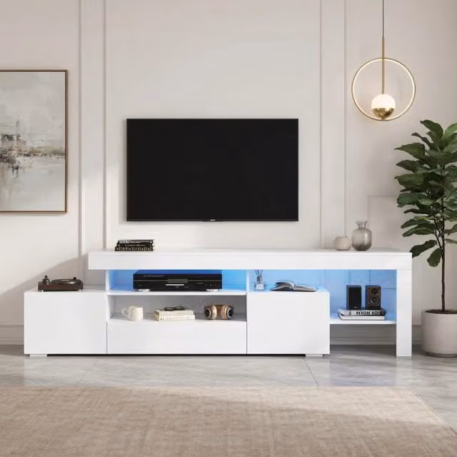Cassettiera TV moderna KOMHTOM bianca con illuminazione integrata L: 192 cm, P: 37 cm, H: 53 cm