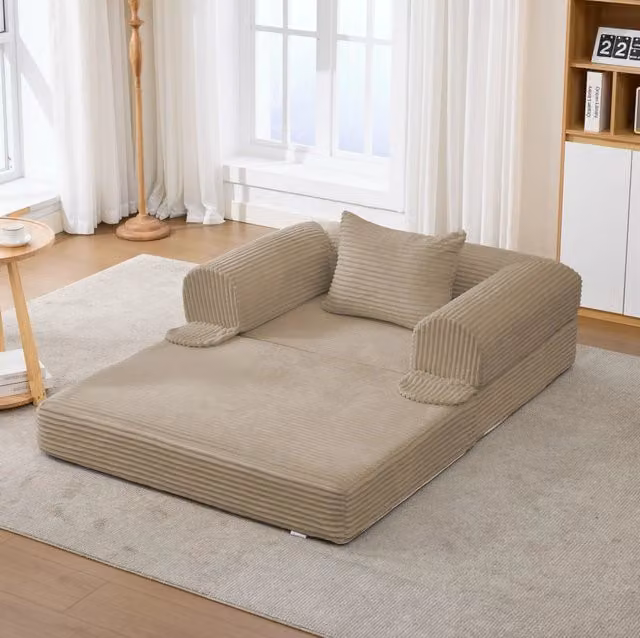Poltrona letto singola ULEVR 2 in 1 trasformabile senza attrezzi, imbottita in tessuto a coste marrone con cuscino