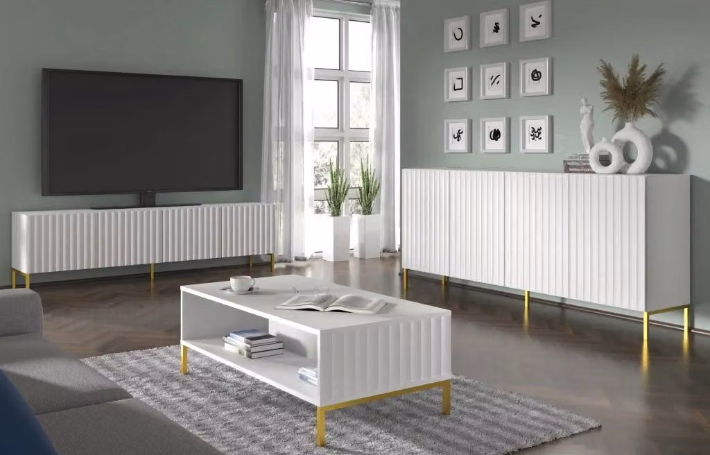 Tavolino da caffè Wave Bim Furniture bianco opaco e oro rettangolare L: 126 cm, P: 60 cm, H: 43 cm – 2
