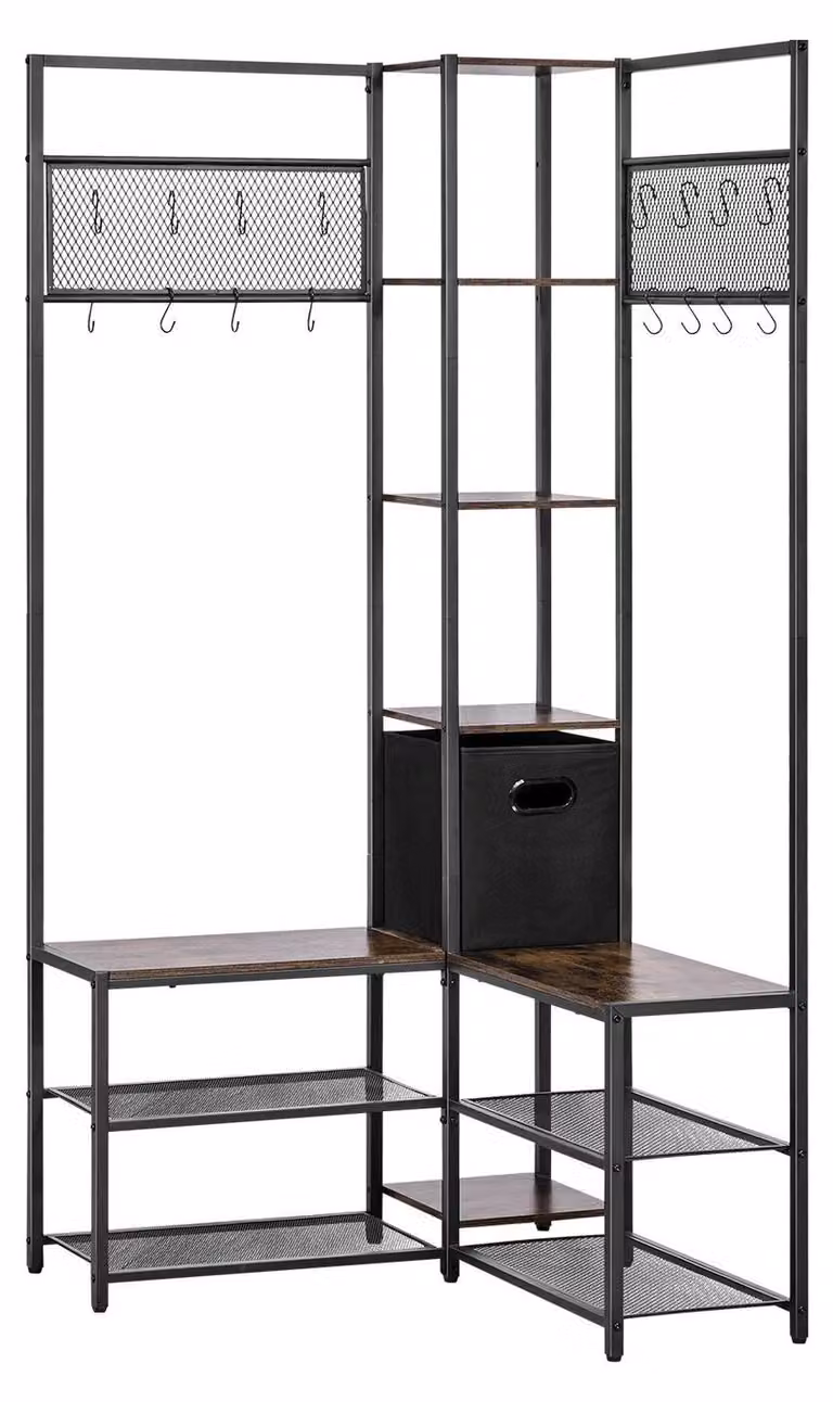 Appendiabiti angolare con panca porta scarpe, appendiabiti da 1800 mm con ganci e struttura in acciaio, mobile portaoggetti indipendente per vestiti e scarpe con kit antiribaltamento, per ingresso, armadio, ufficio, marrone rustico