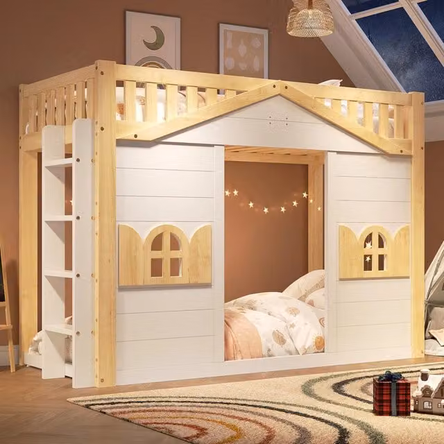 Letto a soppalco per bambini ¨C Minimal ¨C 90x200cm pino bianco con forma di finestra