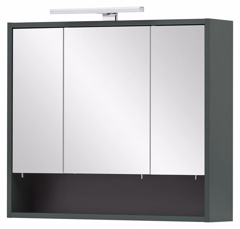 Specchio con armadietto, dimensioni 70x16x64,2 cm, 3 ante, illuminazione LED, 6 ripiani in vetro, colore verde bosco
