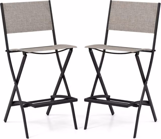 Set di 2 sgabelli da bar pieghevoli per esterno con telaio in metallo laccato e poggiapiedi, disponibili in marrone o grigio