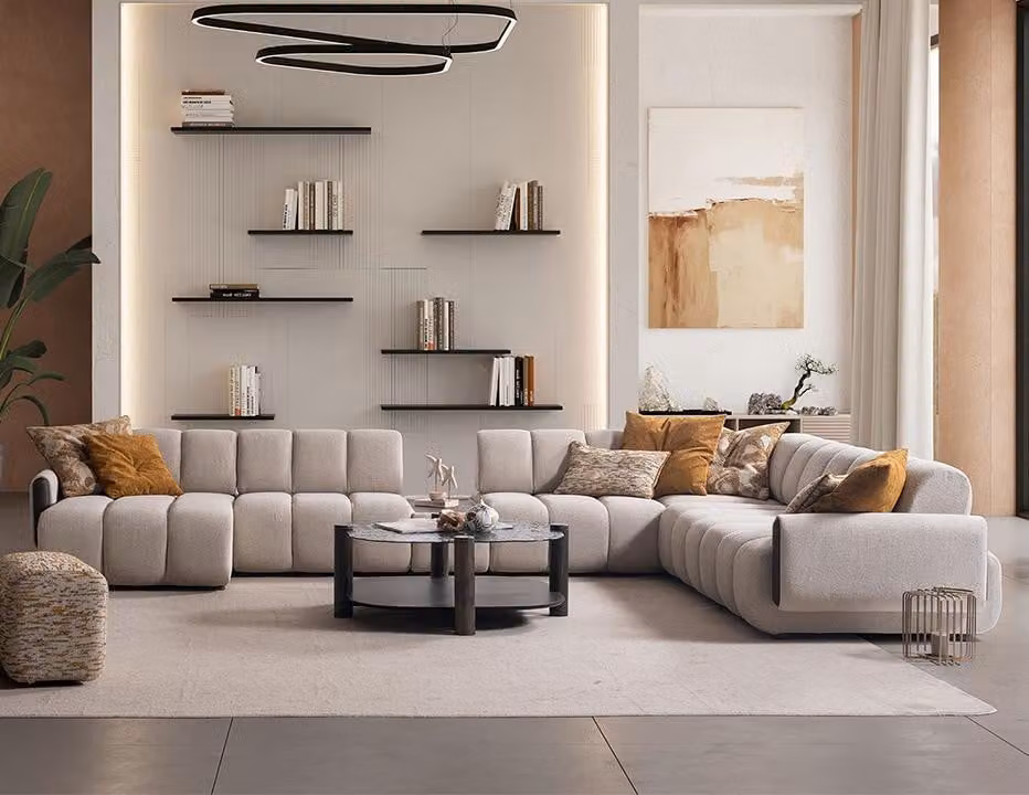 Beige Wohnzimmer Polstercouch Edle Wohnlandschaft Holz Couchtisch