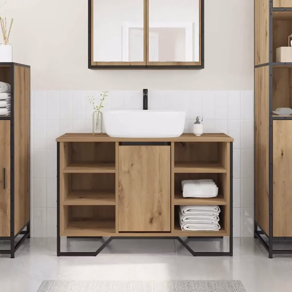 Mobile Lavabo per Bagno in Rovere Marrone con Ante a Battente e Ripiani Interni L: 91 cm, P: 35 cm, H: 60 cm – 2