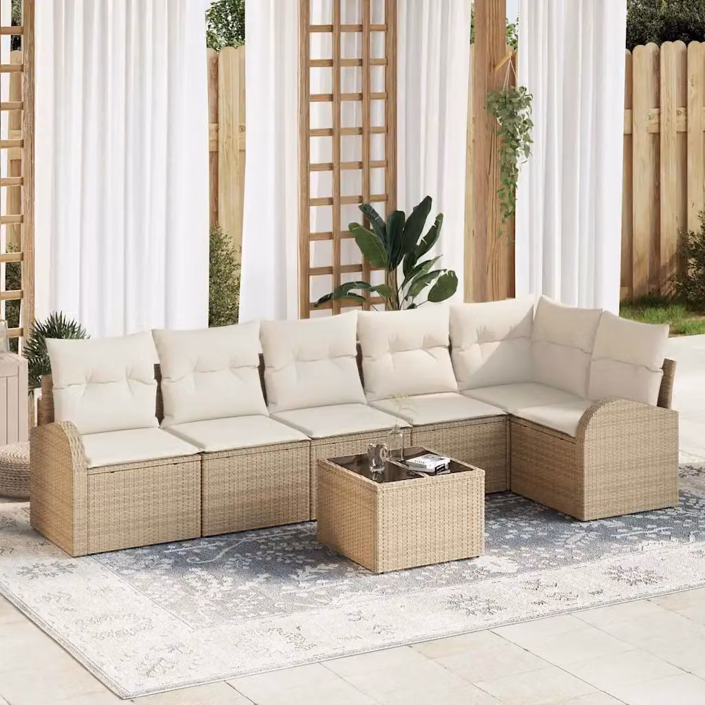 Set Divano da Giardino vidaXL 7 Pezzi a Forma di L in Polyrattan con Cuscini Beige e Bianco – 1