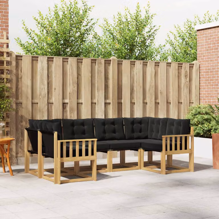 Set di divani da esterno vidaXL a forma di L composto da 6 pezzi in legno di acacia con cuscini in tessuto textilene bianco, nero e marrone