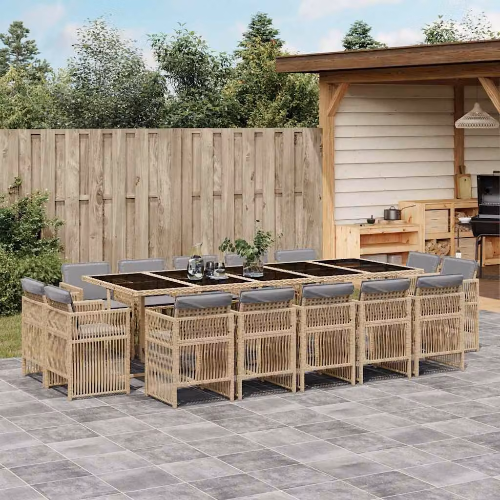 vidaXL Set Pranzo da Giardino 15 pz in Polyrattan con Cuscini Beige e Piano in Vetro – 1