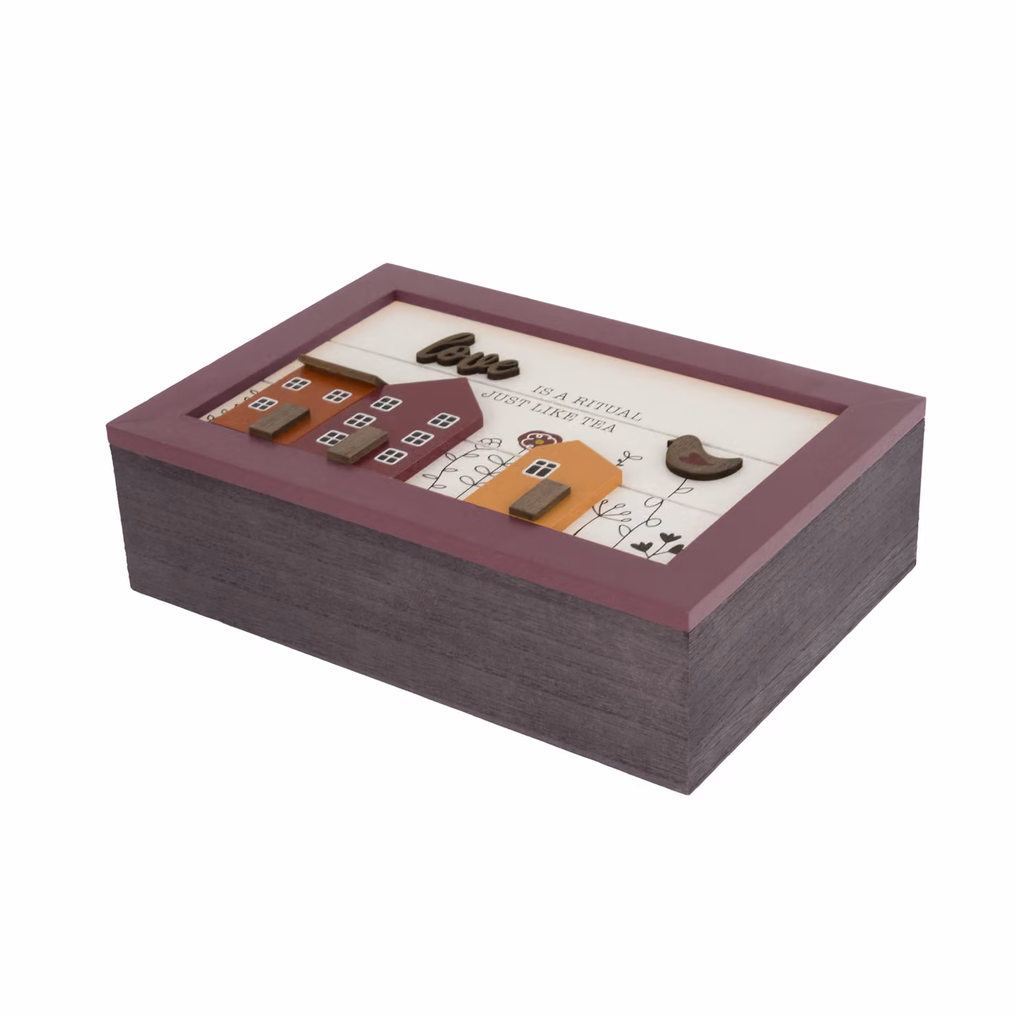 Scatola per il tè in legno con 6 scomparti, colore viola, L: 24 cm, P: 16,5 cm, H: 7 cm – 2