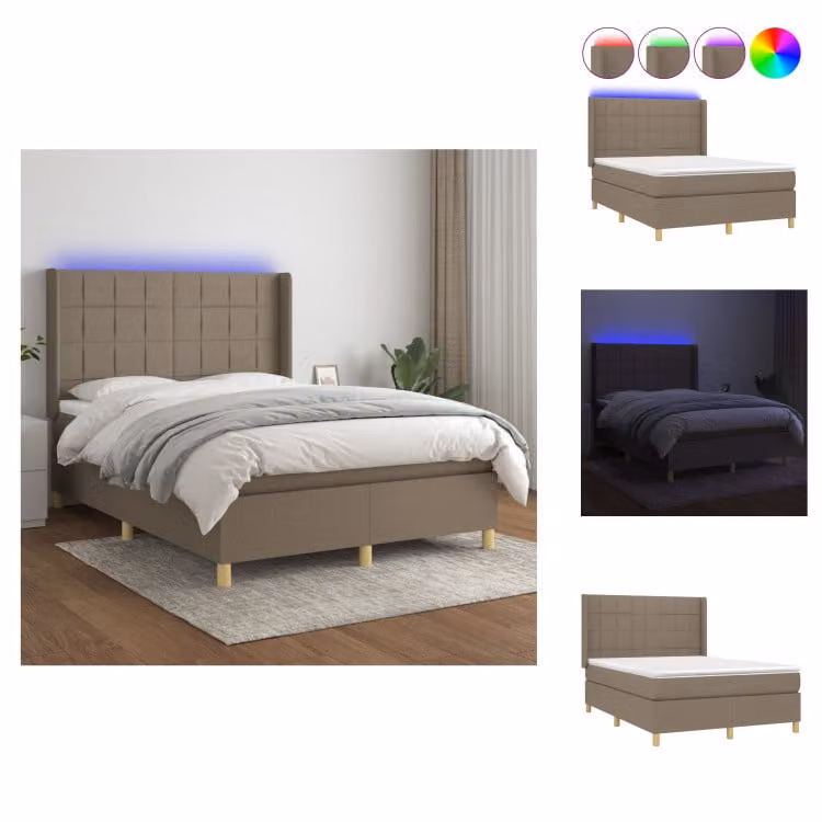 vidaXL Letto a molle con materasso e tessuto LED Taupe 140x190 cm - Letti & strutture letto