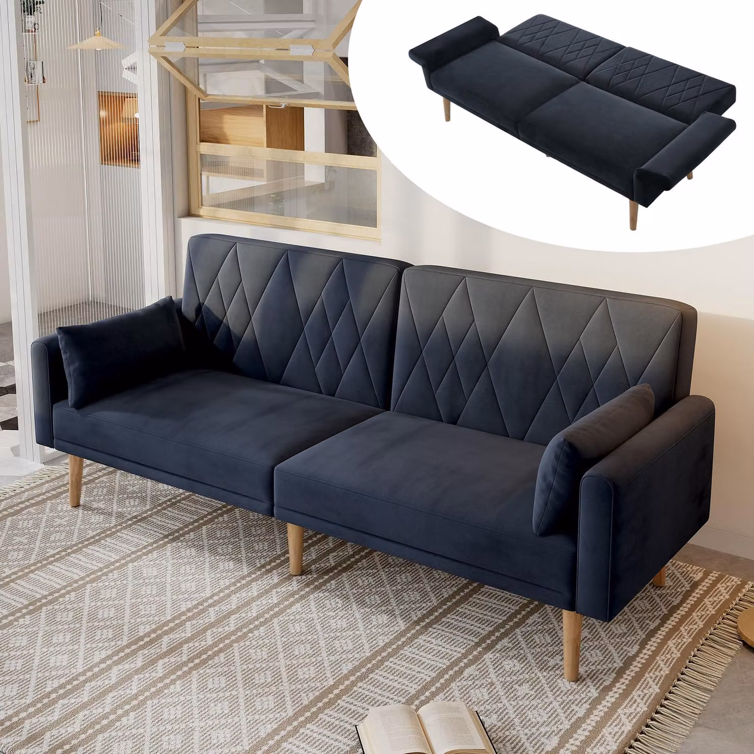 Divano letto STILVORA con 2 cuscini e schienale regolabile, divano a due posti con funzione letto e piedino di supporto, divano letto in velluto, nero