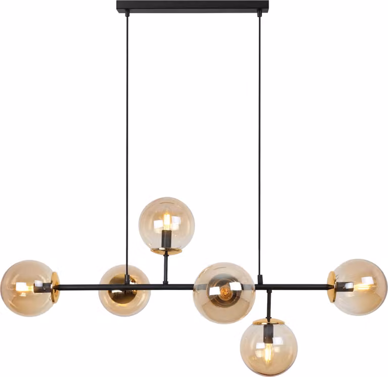 Plafoniera Siena nero-oro 6 luci vetro miele E14 bracci lunghi