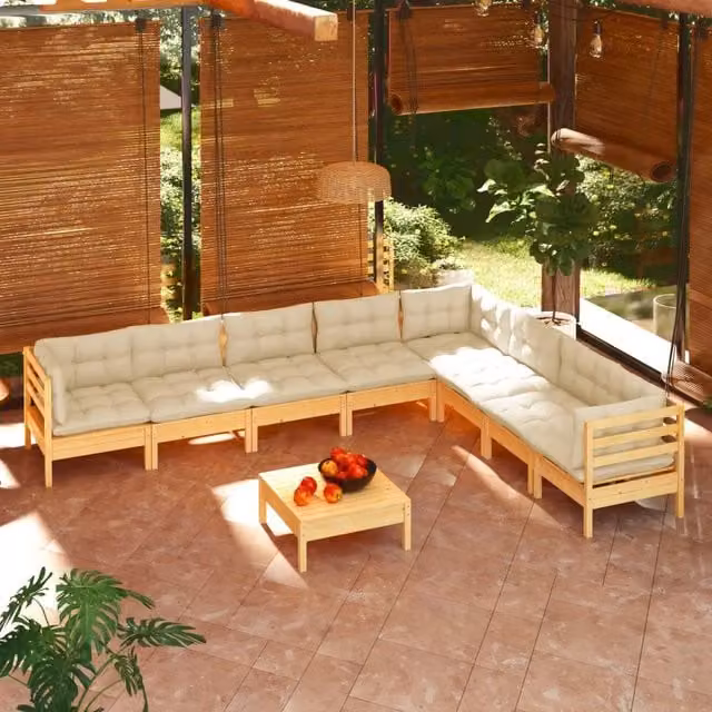 Set Divani da Giardino 9 pz con Cuscini Crema Massello di Pino 3096809
