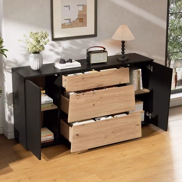 Desviae Madia con 2 ante e 3 cassetti ripiani regolabili in MDF e pannello truciolare nero effetto legno 140 × 35 × 70 cm