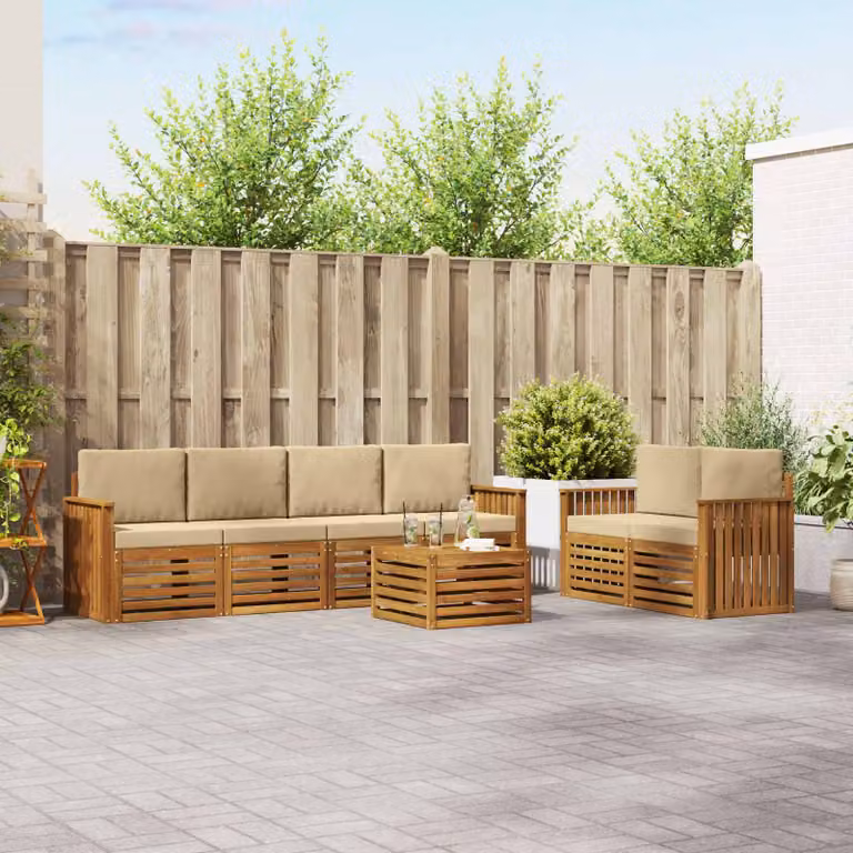 Set di divani da esterno vidaXL 7 pz in legno di acacia con cuscini beige e sabbia