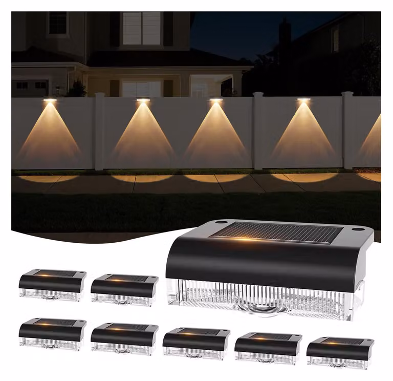 Illuminazione solare, 8 lampade LED da esterno, luce bianco caldo, per recinzioni e scale