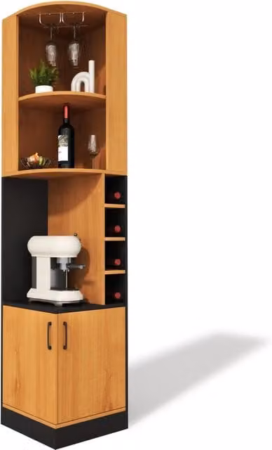 Mobile angolare bar moderno in MDF naturale con portabicchieri e 4 vani bottiglie, armadietto chiuso per cucina e soggiorno, L/P/H: 40 x 40 x 182 cm
