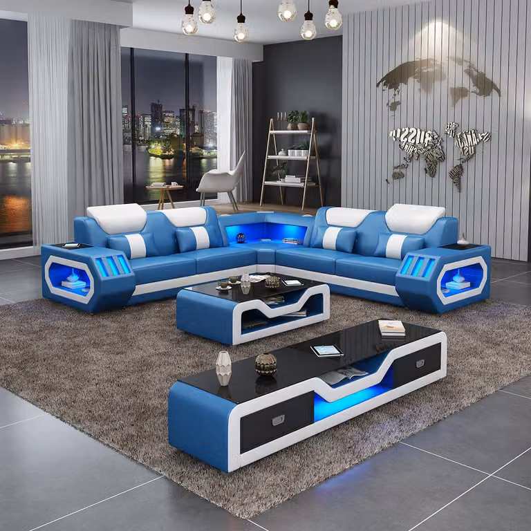 Ecksofa L-Form Couchtisch Sofa Couch Design Polster Leder Modern Blau Tisch