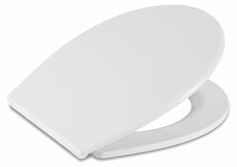 Copertura per WC in Duroplast, con sistema di chiusura rallentata e fissaggio rapido, forma ovale, colore bianco puro