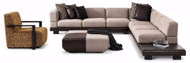 Divano moderno per soggiorno, set con divano angolare a forma di L e poltrona. Arredamento imbottito di design