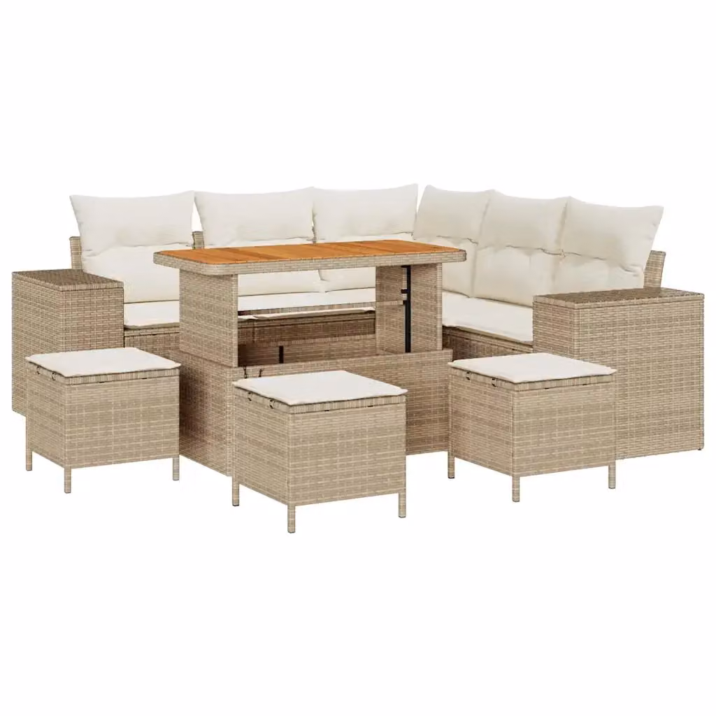 Set Divano da Giardino vidaXL 9 Pezzi Beige con Cuscini e Tavolino in Polyrattan e Acciaio – 2