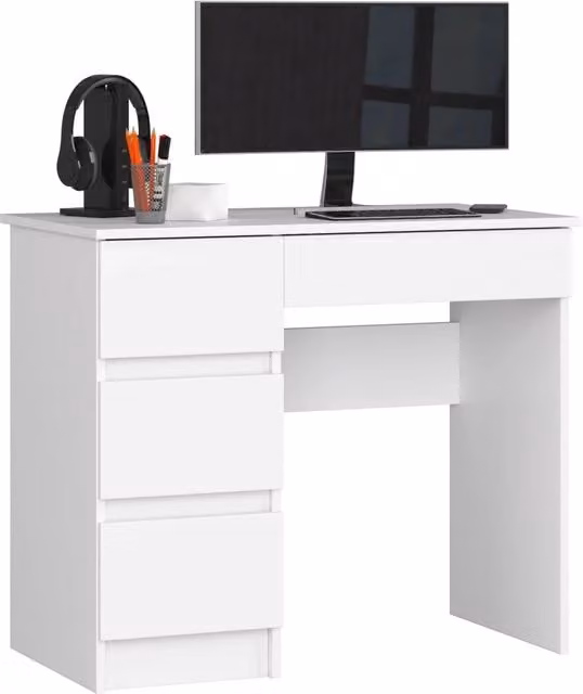 Scrivania per computer AKORD A7 bianca con 4 cassetti, modello a sinistra, L 90 cm x P 50 cm x H 77 cm