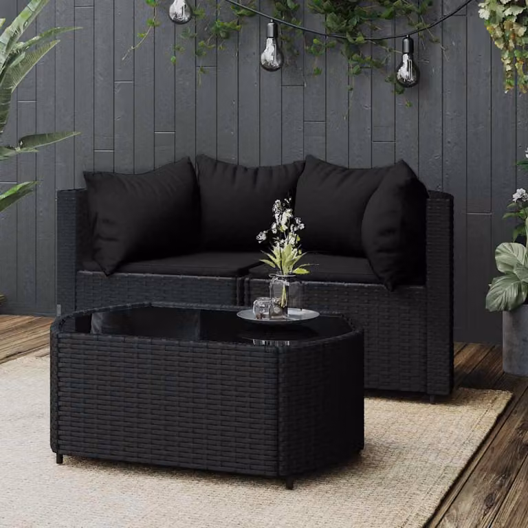 Set da giardino moderno vidaXL composto da divano a 3 posti, elemento angolare e tavolino da caffè in rattan nero con cuscini e struttura in acciaio verniciato a polvere