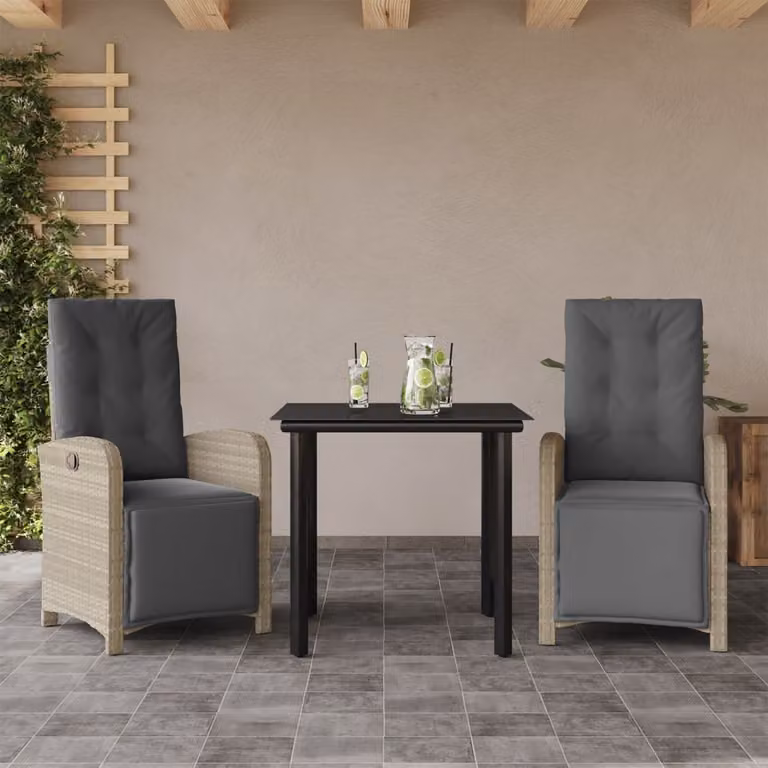 Set da Bistrò vidaXL 3 pz in Polyrattan con Cuscini Grigio Chiaro e Piano in Vetro