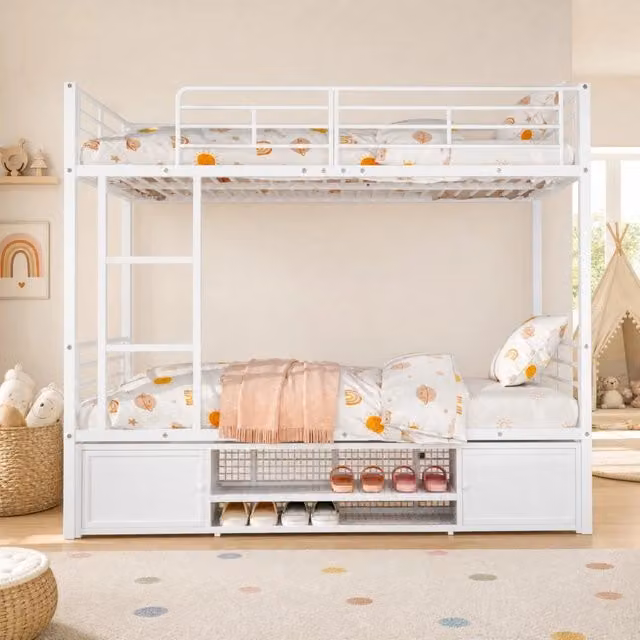 Letto a castello in metallo bianco 90 x 200 cm con scarpiera e armadietti
