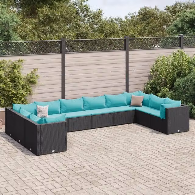 Set Salotto da Giardino a L vidaXL con Cuscini Blu e Nero in Polyrattan e Metallo