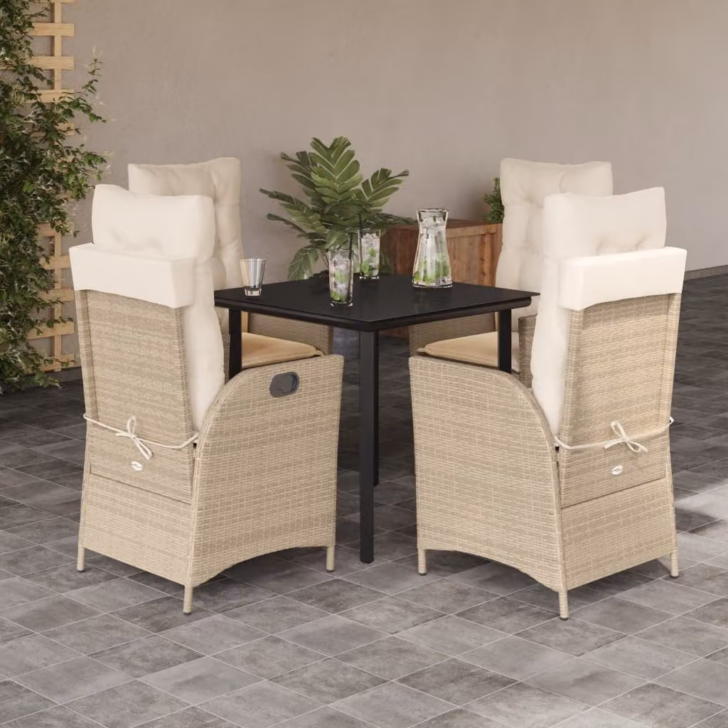 Set da Pranzo da Giardino vidaXL in Polyrattan con Cuscini Beige e Tavolo in Vetro 5 Pezzi – 1