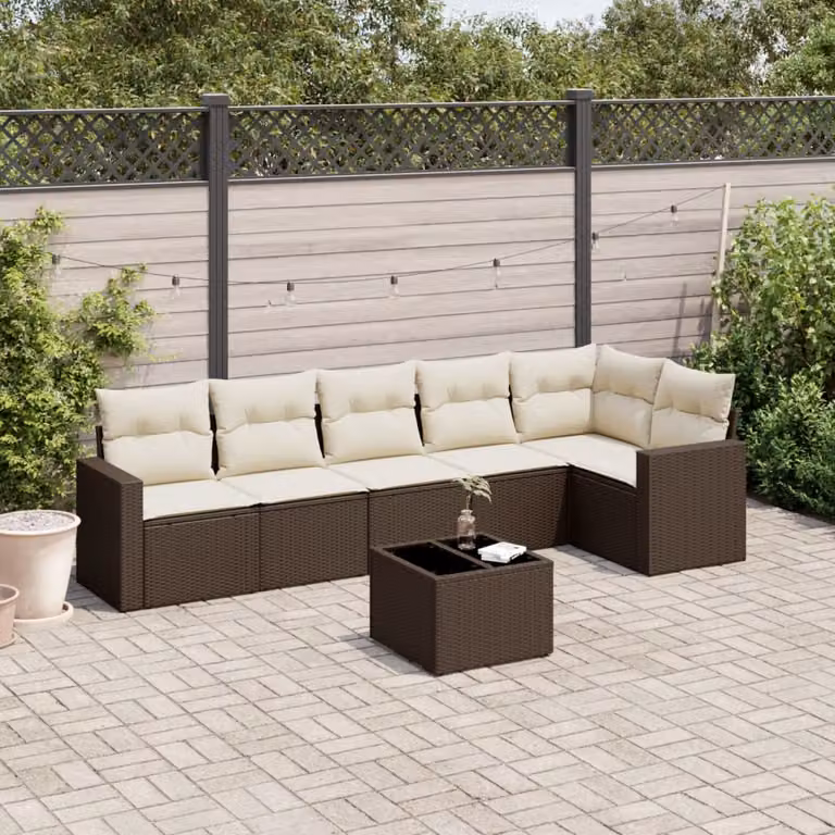 Set di divani da giardino vidaXL 7 pezzi in polyrattan marrone con cuscini e tavolino da esterno a forma di L
