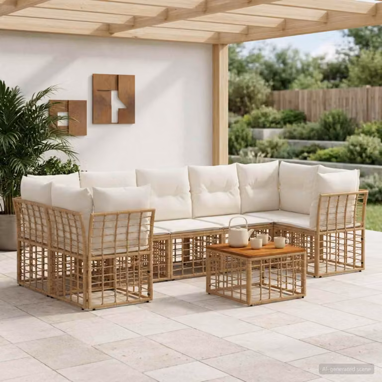 Set di divani da esterno vidaXL in polyrattan 8 pezzi con tavolo da caffè e cuscini, design moderno a forma di U, colore bianco e beige