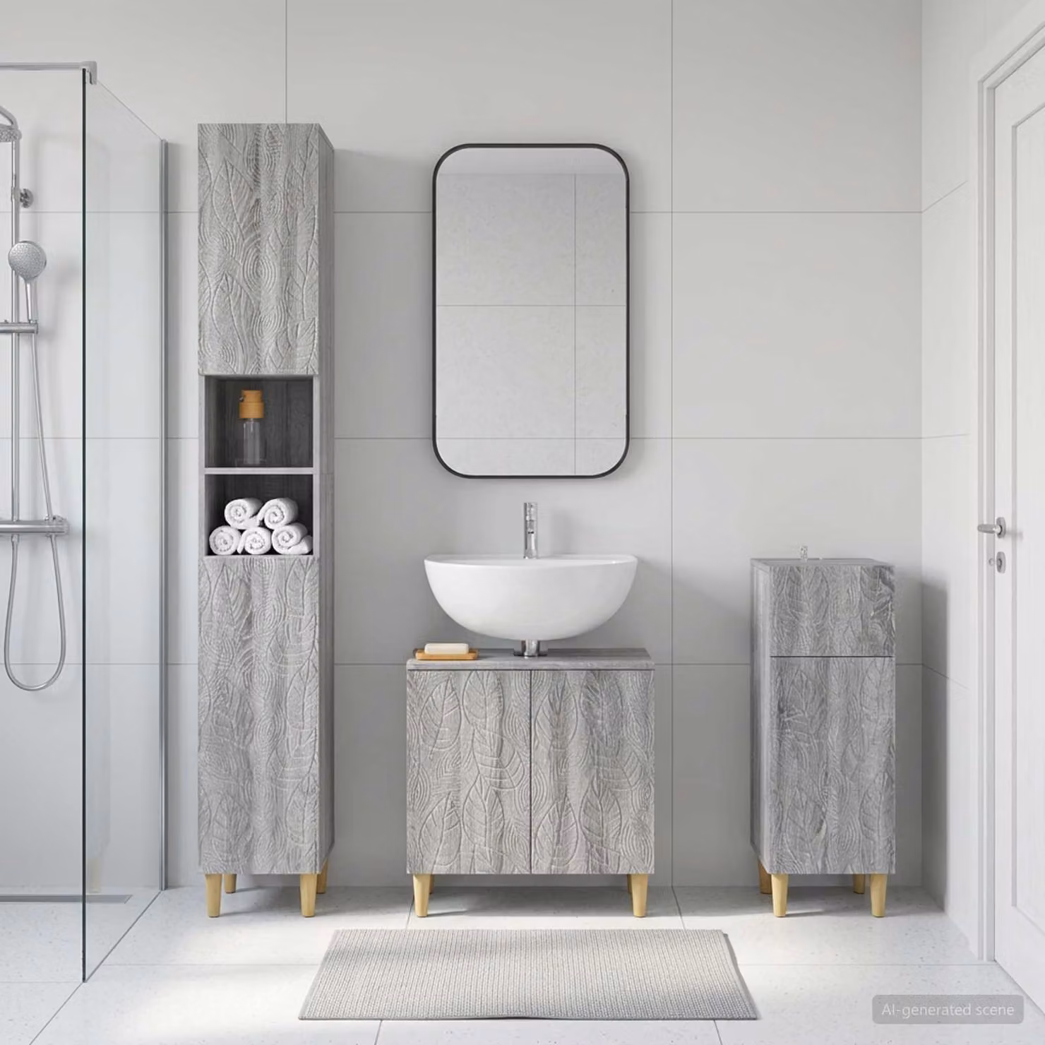 Set di armadietti da bagno vidaXL DELFT in 3 pezzi, colore grigio, stile moderno con ante a cerniera e ripiani interni